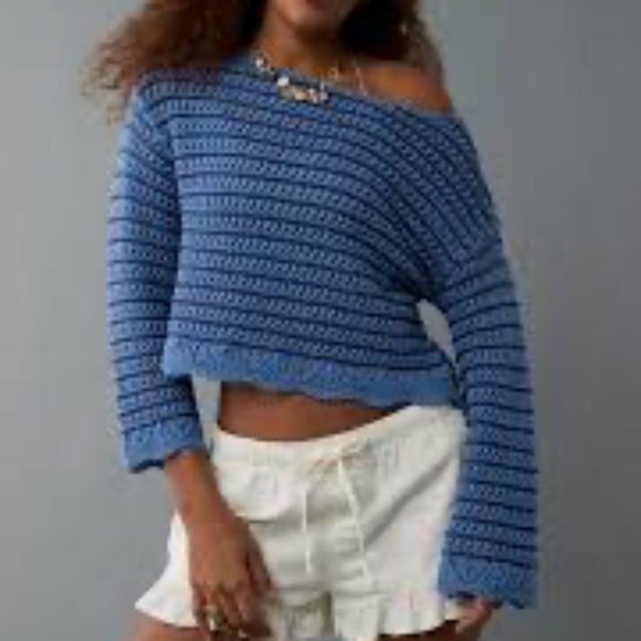 American Eagle Ballet Neck Open Knit Sweater - Blue Size M - Picture 1 of 9